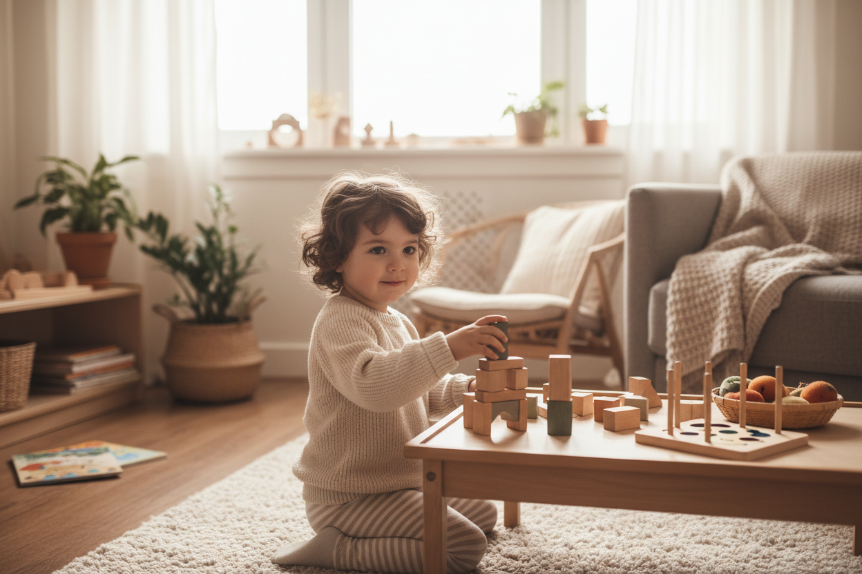 kid playing alone, very cute, at home